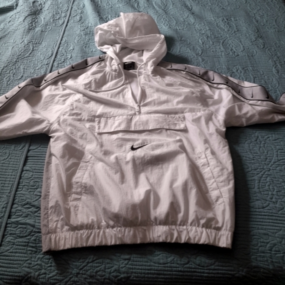 Men's Big Swoosh White, Black, and Silver Nike Windbreaker.